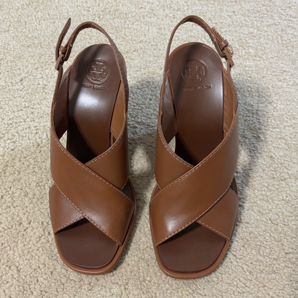 Tory Burch Gabrielle Wedge Sandals in tan leather